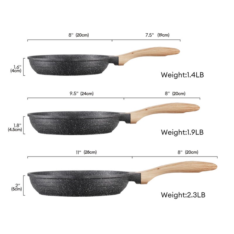 JEETEE Nonstick Frying Pans Set, Nonstick Omelette Skillet Set 3 Pcs, 8" 9.5" 11" Granite Non-Stick Frying pan with Bakelite Handle, Compatible with All Stovetops (Gas, Electric & Induction), Grey - Image 2